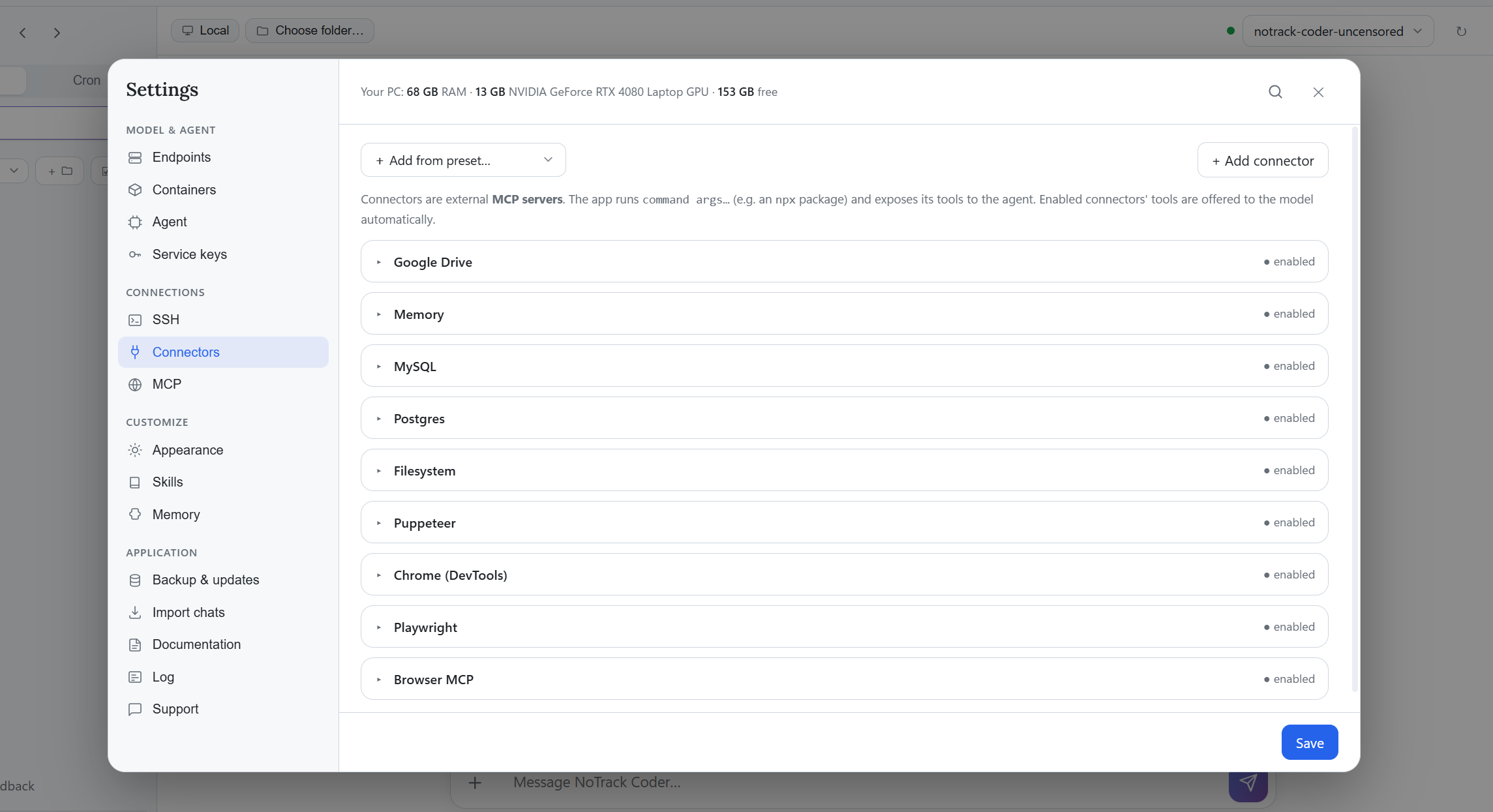 Reference connector settings showing named integrations and enabled states. Available tools depend on the actual software and configuration.