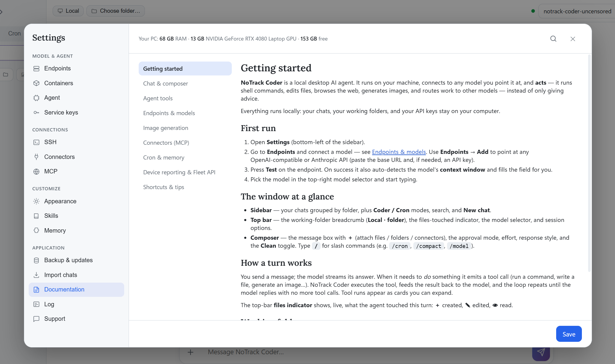 Reference documentation panel with getting-started topics. Consult the documentation for the software you actually receive.