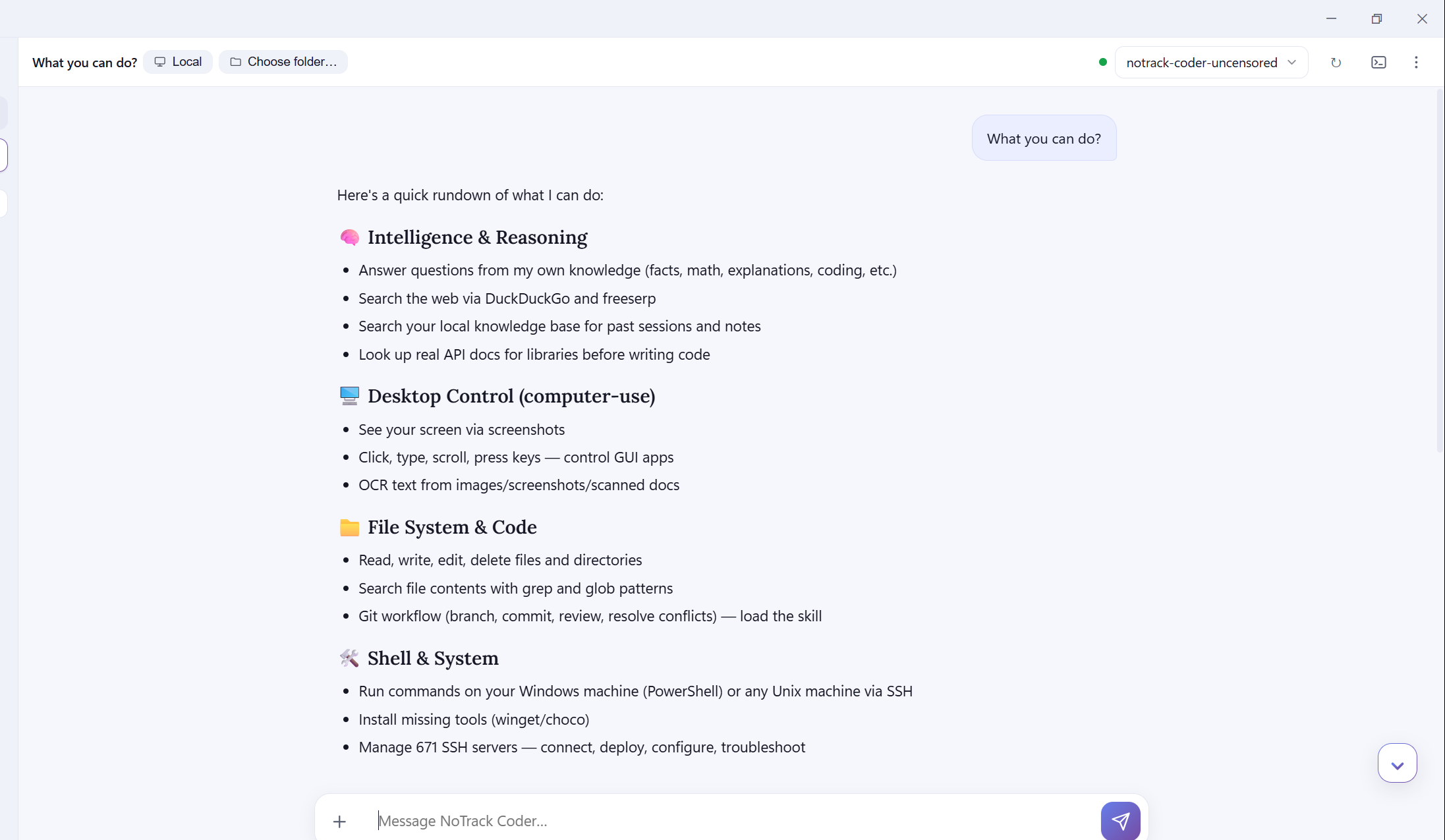 AI coding workspace reference: project selection, model selection, and a conversation. Final software may differ.